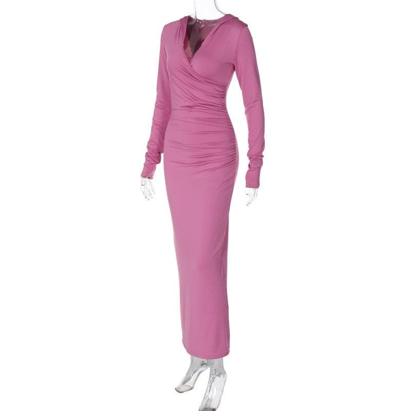 Hooded V-Neck Wrap Ruched Long Sleeve Bodycon Maxi Dress