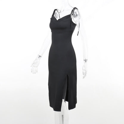 Cowl Neck Self Tie Spaghetti Strap Side Slit Bodycon Midi Dress