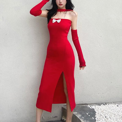 Ribbed Tube Bow Applique Side Slit Detachable Sleeve Midi Dress