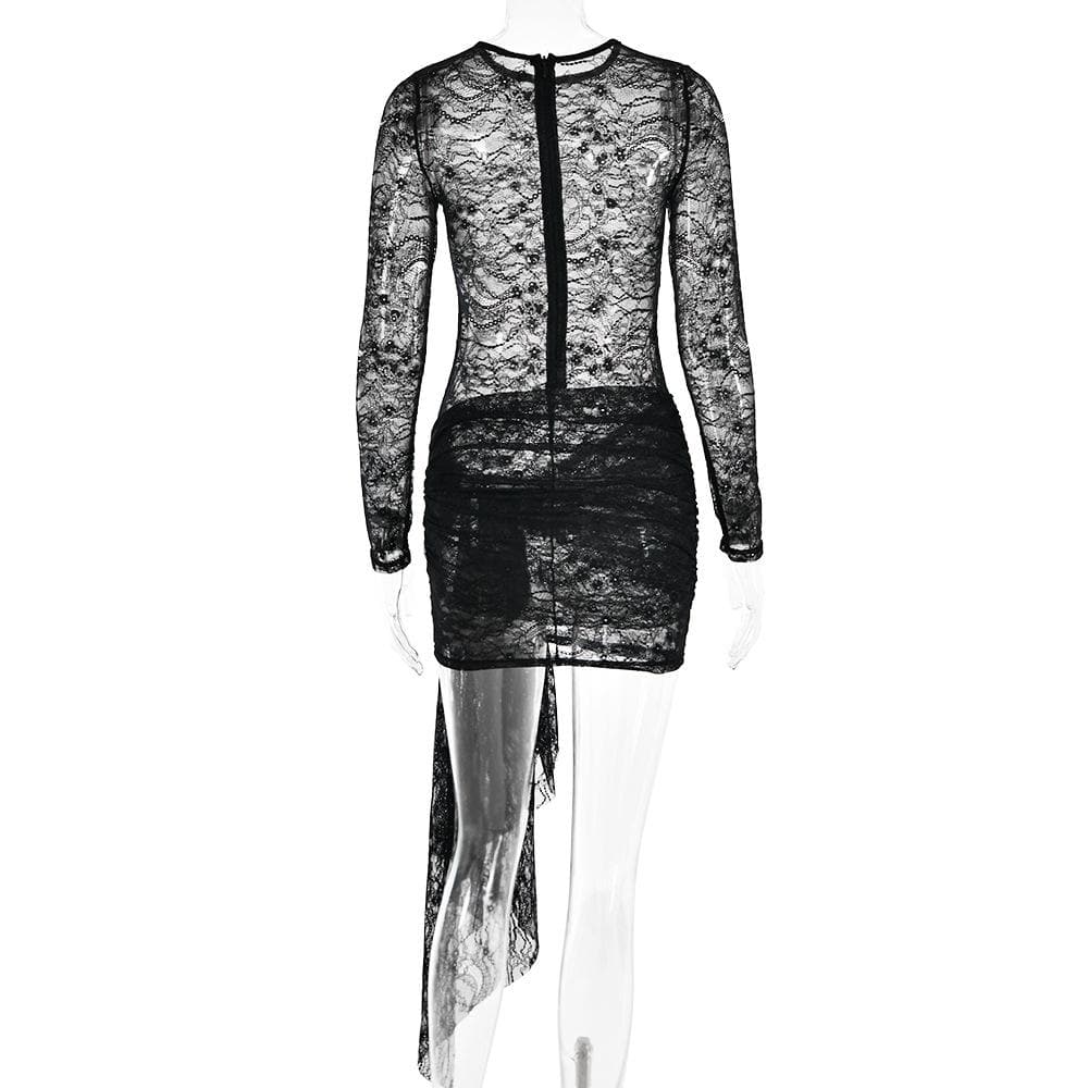 Lace Long Sleeve Draped Sash Ruched Mini Dress