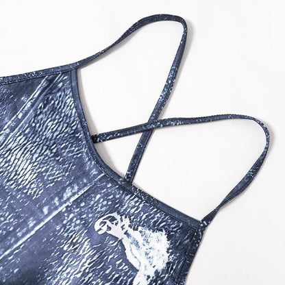Distressed Denim Print Spaghetti Strap Bodycon Maxi Dress