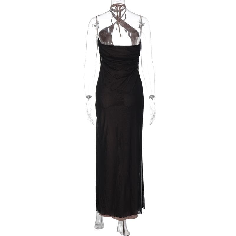Cross Front Keyhole Halter Mesh Contrast Lined Side Slit Maxi Dress