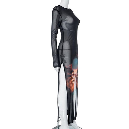 Pennywise Clown Graphic Print Sheer Mesh Long Sleeve Crew Neck Maxi Dress