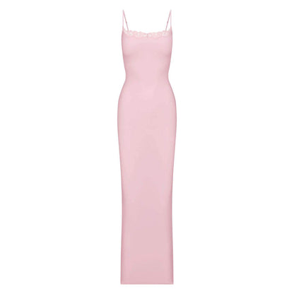 Square Neck Lace Trim Spaghetti Strap Backless Bodycon Maxi Dress
