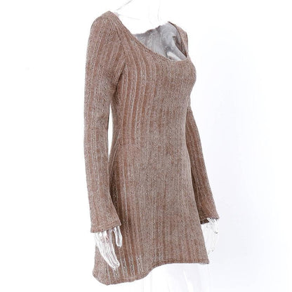 Ribbed Knit Scoop Neck Long Sleeve Bodycon Mini Dress