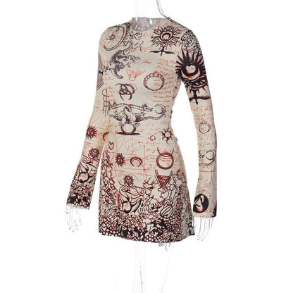 Crew Neck Bell Cuff Mystical Tapestry Print Bodycon Mini Dress