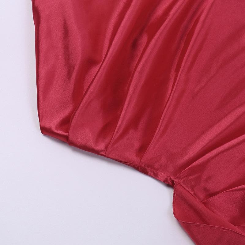 One Shoulder Satin Ruched Drape High Slit Maxi Dress