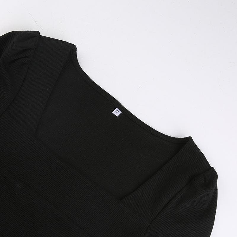 Rib Knit Square Neck Short Sleeve Side Ruched Ruffle Hem Bodycon Mini Dress