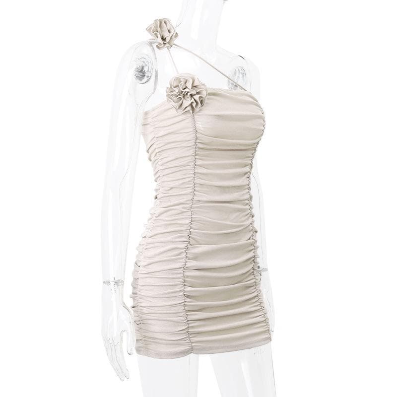 Flower Applique One Shoulder Irregular Ruched Mini Dress
