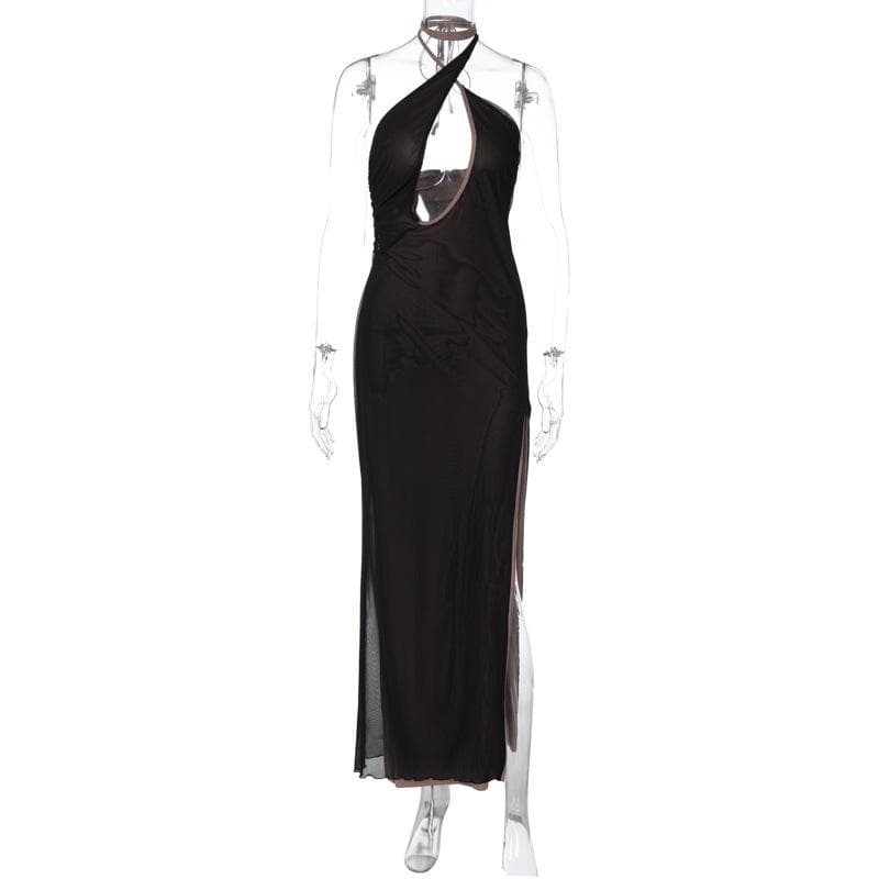 Cross Front Keyhole Halter Mesh Contrast Lined Side Slit Maxi Dress