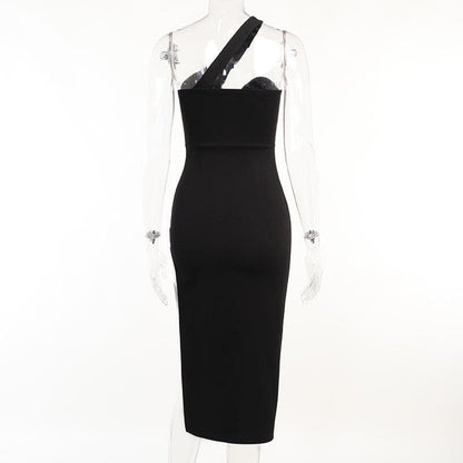 Asymmetric One Shoulder Sweetheart Bustier Side Slit Bodycon Midi Dress
