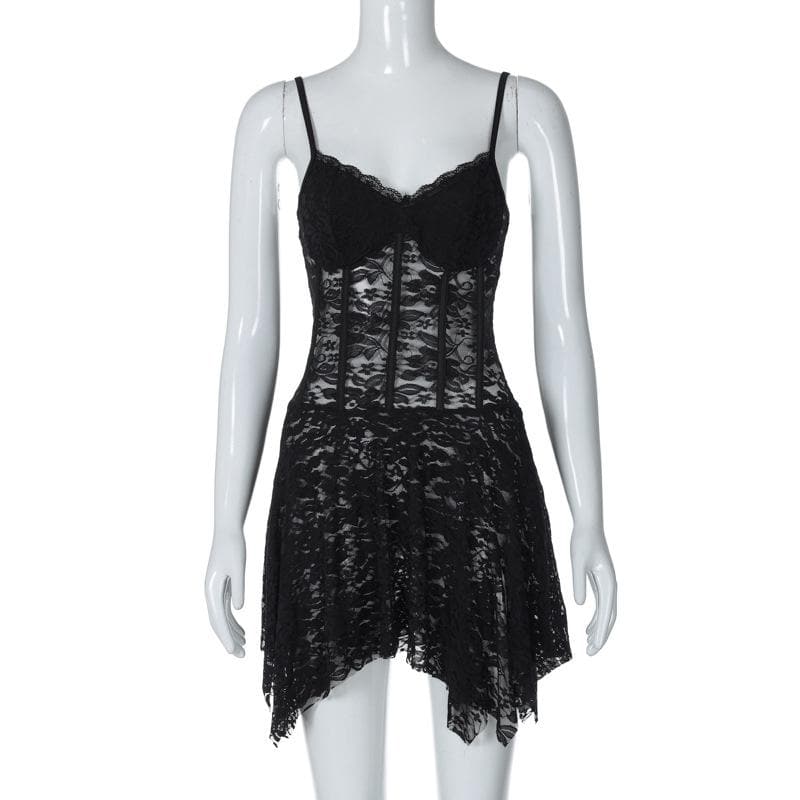Lace Corset Bodice Handkerchief Hem Spaghetti Strap Mini Dress