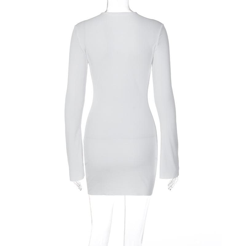 Round Neck Bell Sleeve Ribbed Lace Up Keyhole Chest Mini Dress