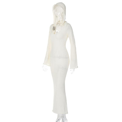 Hooded U Neck Long Sleeve Rib Knit Maxi Dress