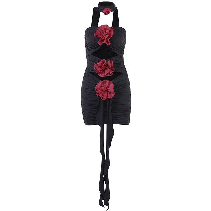 Strapless Rosette Applique Cutout Waist Ruched Bodycon Mini Dress with Choker