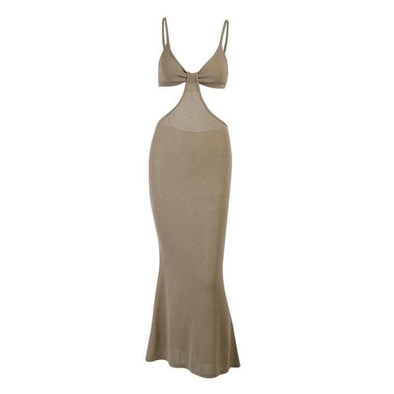 Spaghetti Strap Bow Knot Side Cutout Knit Bodycon Maxi Dress