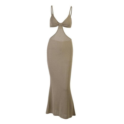 Spaghetti Strap Bow Knot Side Cutout Knit Bodycon Maxi Dress