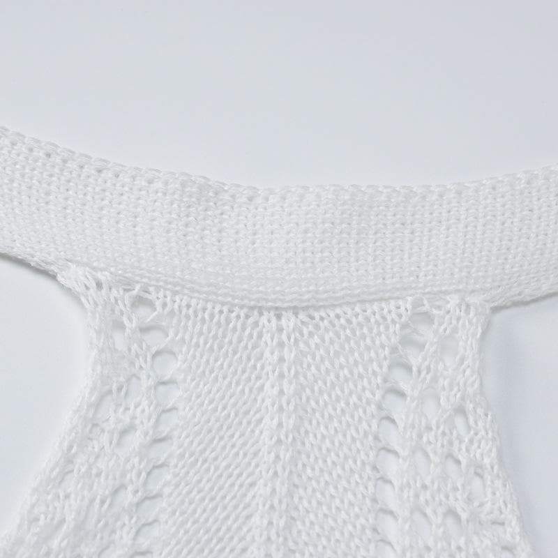 Crochet Halter Neck Open Knit Ruffle Hem Fit and Flare Mini Dress