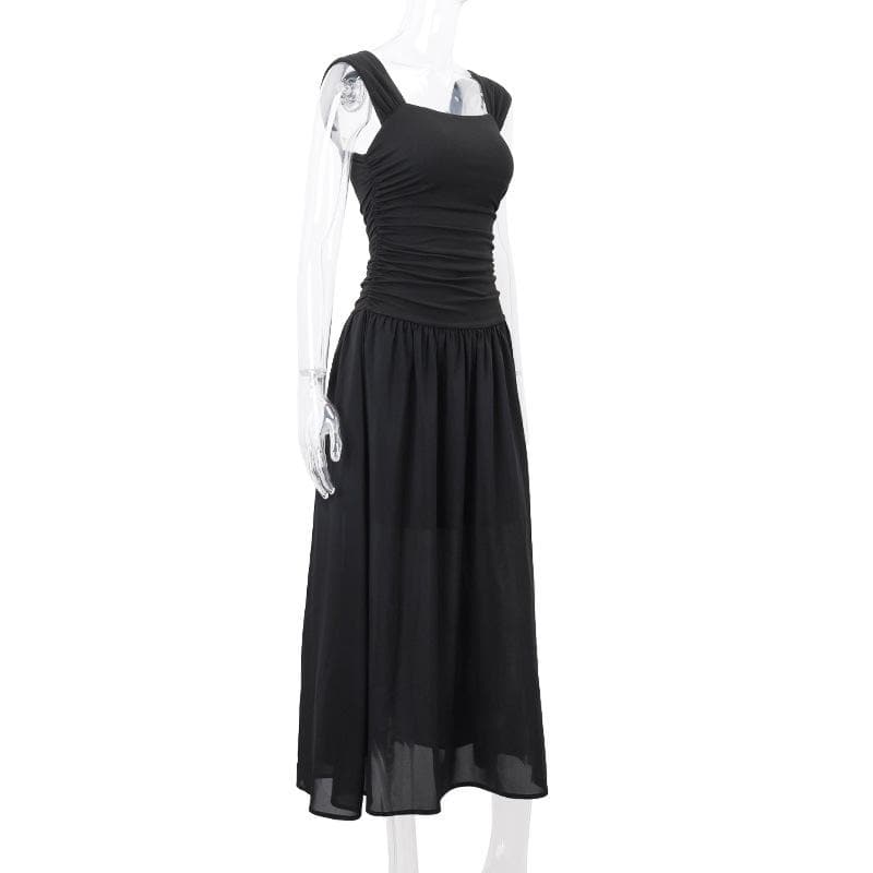 Square Neck Wide Strap Ruched Bodice Dropped Waist Gathered Maxi Dress