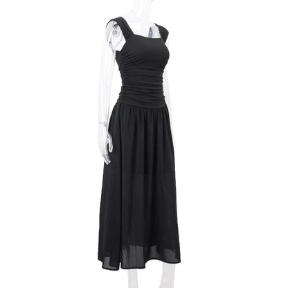 Square Neck Wide Strap Ruched Bodice Dropped Waist Gathered Maxi Dress