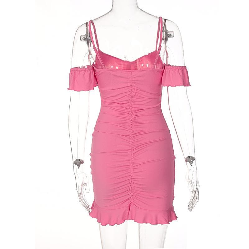 Sweetheart Tie Front Ruched Cold Shoulder Ruffle Mini Dress