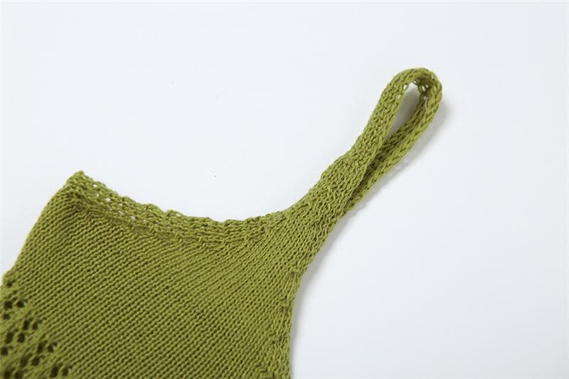 Spaghetti Strap V-Neck Crochet Pointelle Ruffle Lettuce Hem Mini Dress
