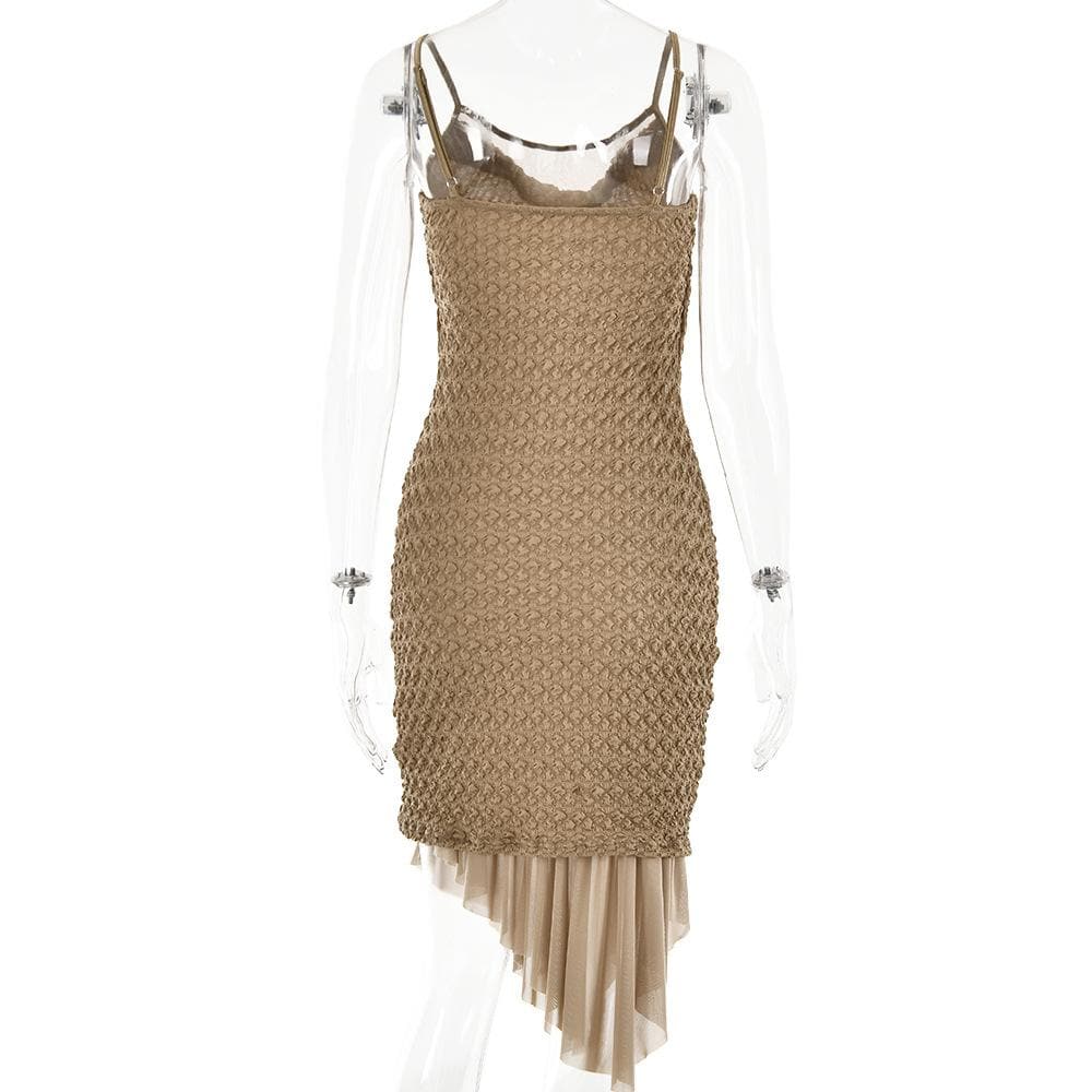 Spaghetti Strap Cowl Neck Popcorn Knit Layered Hem Bodycon Midi Dress