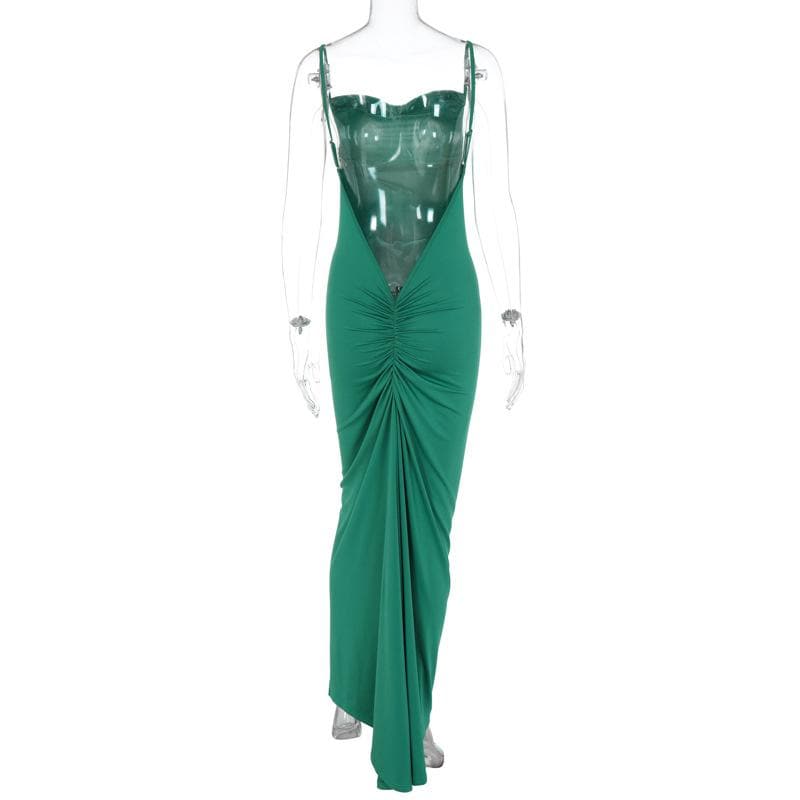 Spaghetti Strap Plunging Backless Ruched Bodycon Maxi Dress