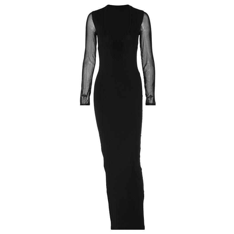 Mesh Patchwork Deep V Neck Cross Front Long Sleeve Maxi Dress