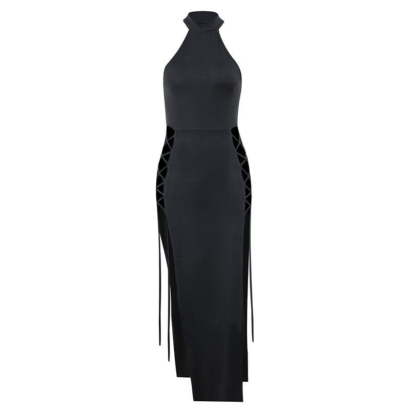 Halter Neck Side Lace Up Bow Tie High Slit Bodycon Midi Dress