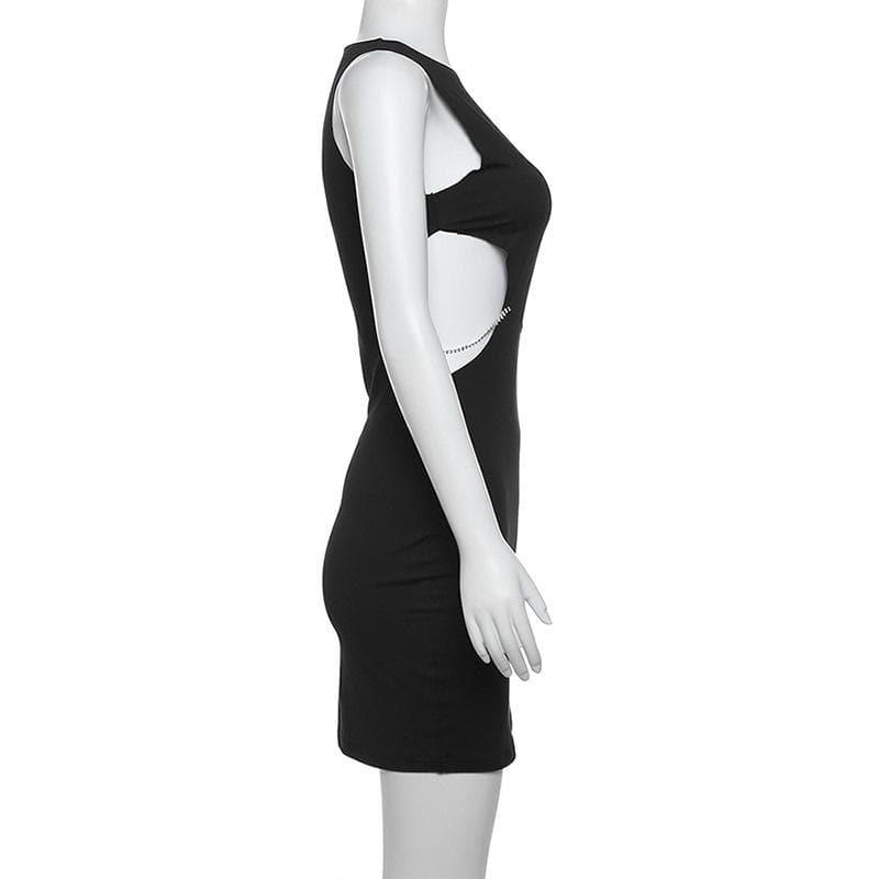 Crew Neck Sleeveless Oval Cutout Rhinestone Ring Hardware Bodycon Mini Dress
