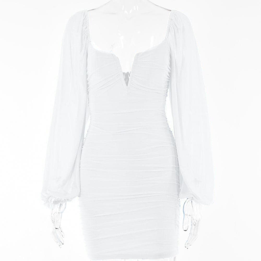 Strapless V-Notch Off Shoulder Puff Sleeve Ruched Mesh Mini Dress