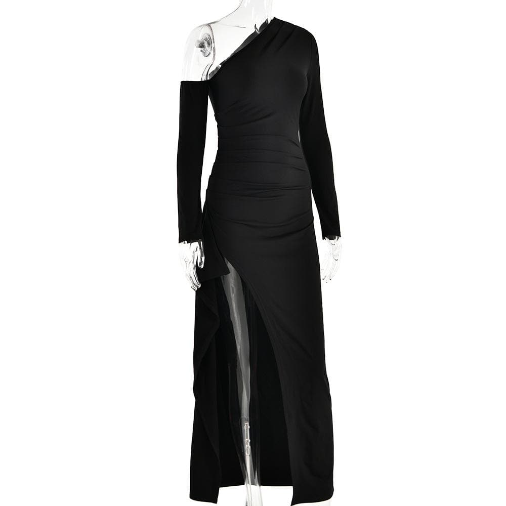 One Shoulder Ruched Detached Sleeve High Slit Bodycon Maxi Dress