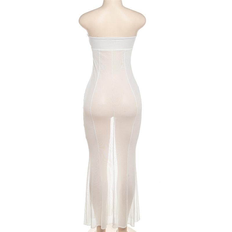 Sheer Mesh Tube Keyhole Ring Center Seam Bodycon Maxi Dress