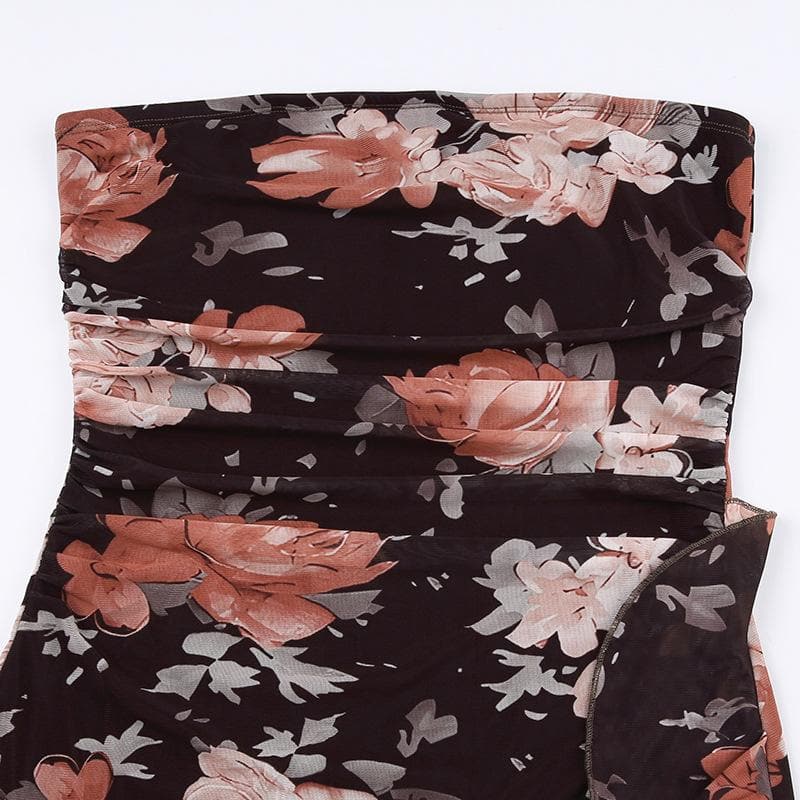 Strapless Floral Print Ruched Mesh Cascade Ruffle Mini Dress