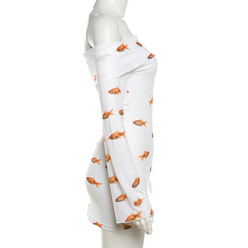 Off Shoulder Foldover Collar Goldfish Print Long Sleeve Bodycon Mini Dress