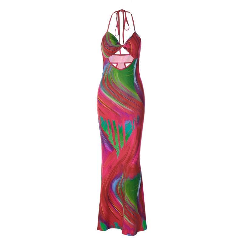 Halter Twist Front Bust Diamond Cutout Abstract Marble Print Maxi Dress