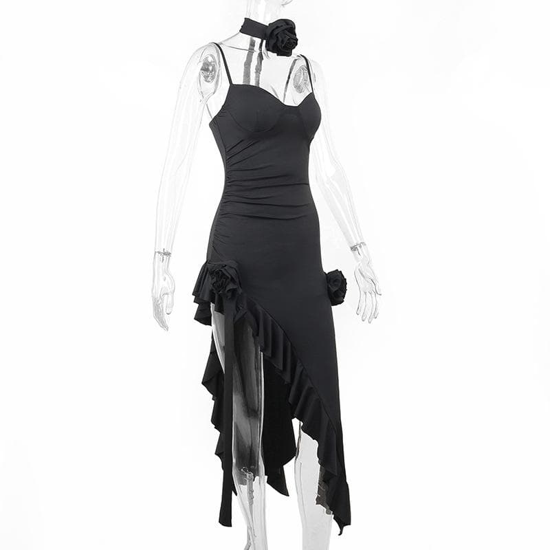 Sweetheart Ruched 3D Applique Asymmetric Ruffle Hem Midi Dress