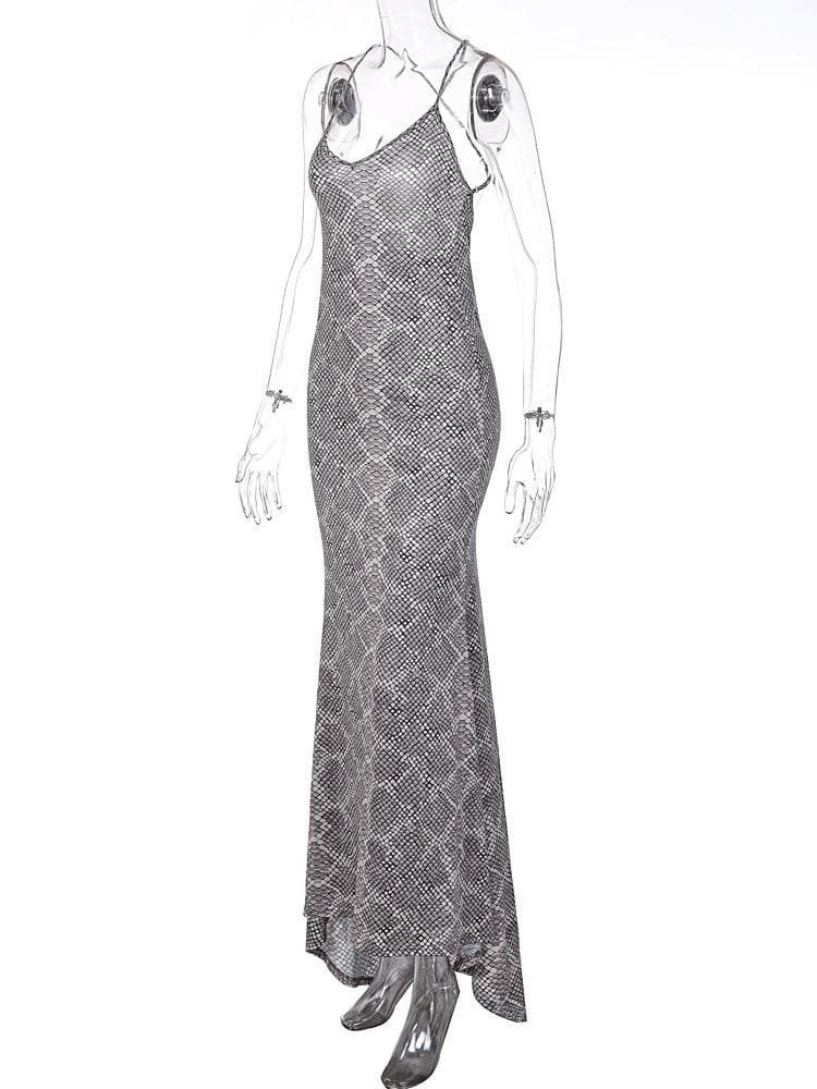 Snakeskin Print Spaghetti Strap Cross Back Deep V Neck Maxi Dress