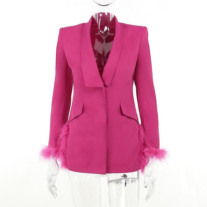 Shawl Collar Feather Trim Longline Blazer Coat