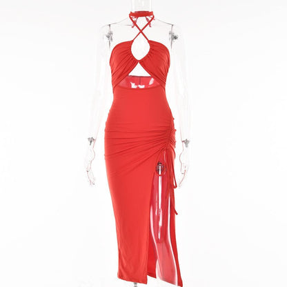 Halter Keyhole Midriff Cutout Drawstring Side Slit Maxi Dress