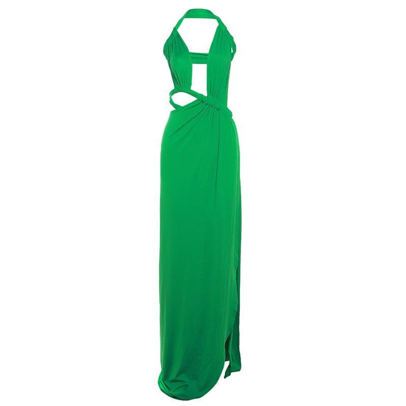 Halter Multi Cutout Ruched Side Slit Bodycon Maxi Dress