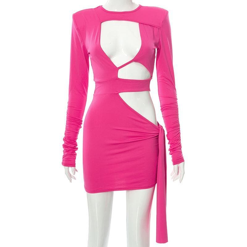 Crew Neck Padded Shoulder Multi Cutout Drape Panel Mini Dress