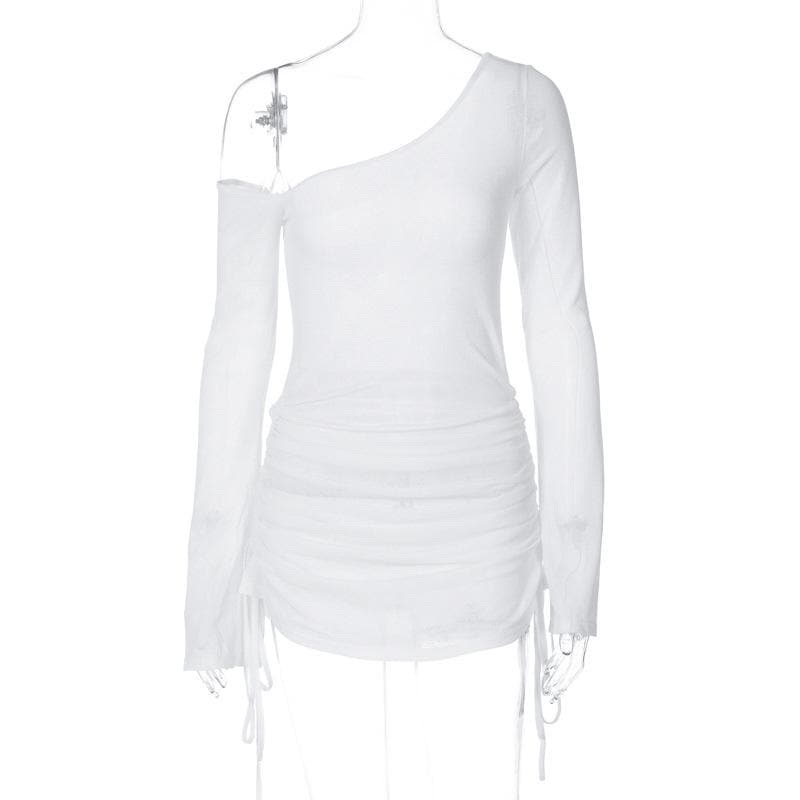 Chiffon One Shoulder Drawstring Side Ruched Long Sleeve Bodycon Mini Dress