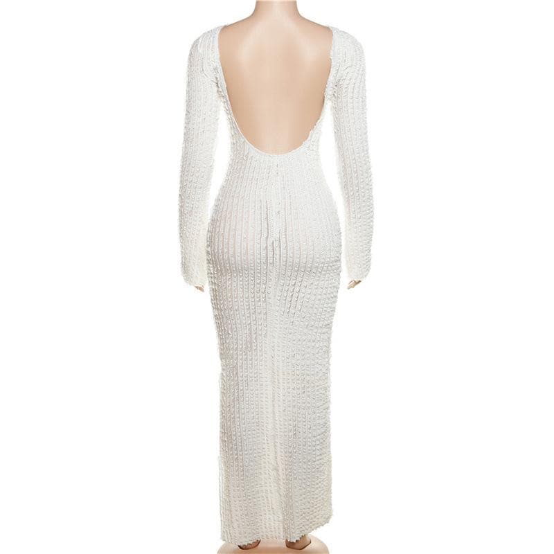 Crew Neck Long Sleeve Popcorn Knit Bodycon Maxi Dress