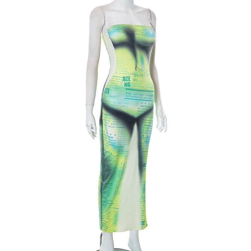 Newspaper Print Strapless Trompe L Oeil Bodycon Maxi Dress