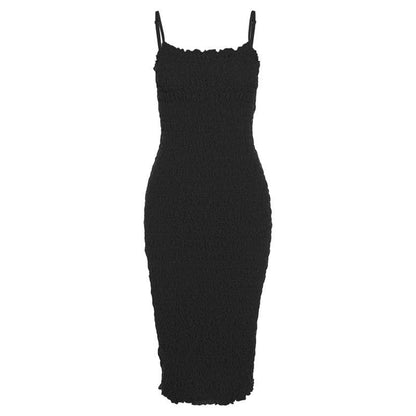 Smocked Spaghetti Strap Square Neck Ruffle Trim Midi Dress