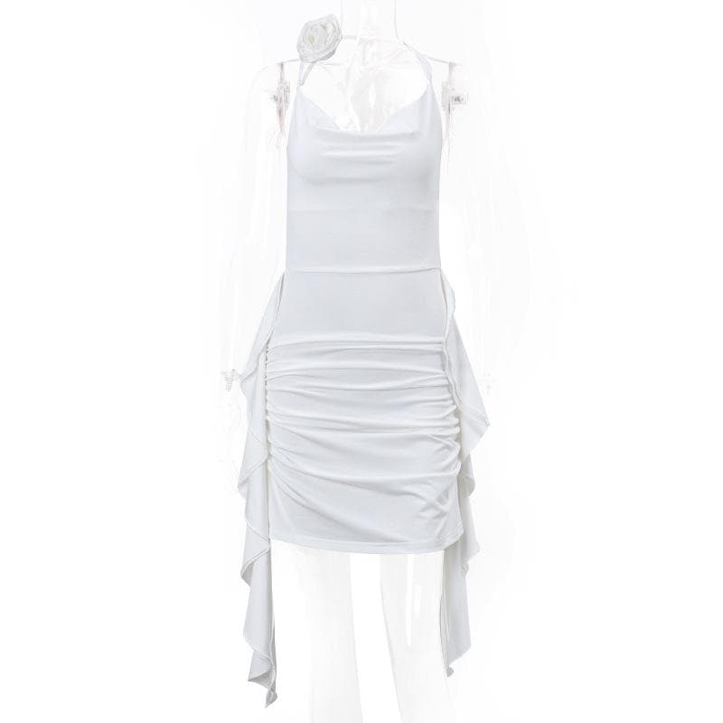 Cowl Neck Spaghetti Strap Ruched Side Drape Flower Choker Mini Dress