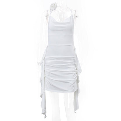 Cowl Neck Spaghetti Strap Ruched Side Drape Flower Choker Mini Dress