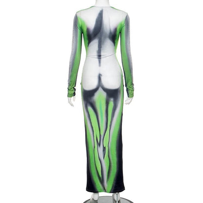 Crew Neck Long Sleeve Body Print Harness Belt Illusion Maxi Dress